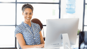 happy office worker smiling